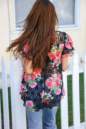 Diva Dreams Black Multicolor Floral Crochet Flutter Sleeve Top | Daverri Fashions