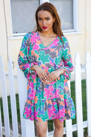 Lock Eyes Stone/Green Long Sleeve V Neck Ruffle Hem Babydoll Dress | Daverri Fashions