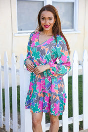 Lock Eyes Stone/Green Long Sleeve V Neck Ruffle Hem Babydoll Dress | Daverri Fashions