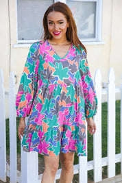 Lock Eyes Stone/Green Long Sleeve V Neck Ruffle Hem Babydoll Dress | Daverri Fashions