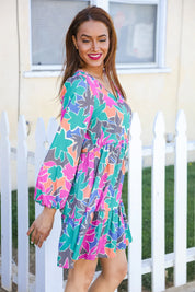 Lock Eyes Stone/Green Long Sleeve V Neck Ruffle Hem Babydoll Dress | Daverri Fashions