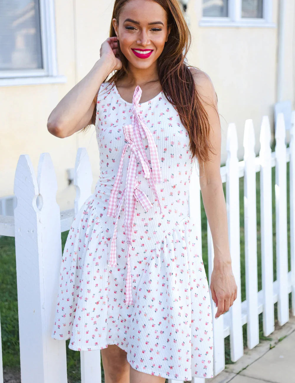 Beautiful You Ivory Checker & Floral Print Ribbon Tie Sleeveless Dress | 07-01-25 Summer Sale Daverri Fashions