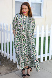 Hello Beautiful Black & Green Ruffled Notch Neck Babydoll Smocked Midi Dress | Daverri Fashions