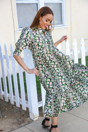 Hello Beautiful Black & Green Ruffled Notch Neck Babydoll Smocked Midi Dress | Daverri Fashions