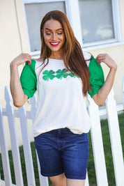 Lucky Sequin Clover Oatmeal Cable Knit Puff Sleeve Top | 2024 Blow-Out Sale Daverri Fashions