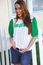 Lucky Sequin Clover Oatmeal Cable Knit Puff Sleeve Top | 2024 Blow-Out Sale Daverri Fashions