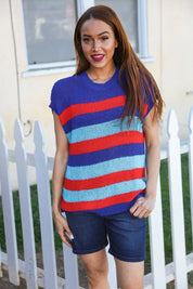 Forget Me Not Royal Blue Stripe Short Sleeve Dolman Sweater | Daverri Fashions