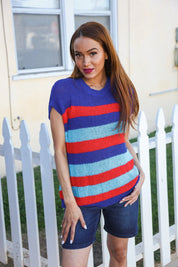 Forget Me Not Royal Blue Stripe Short Sleeve Dolman Sweater | Daverri Fashions