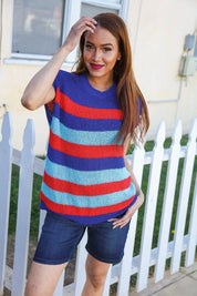 Forget Me Not Royal Blue Stripe Short Sleeve Dolman Sweater | Daverri Fashions