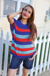 Forget Me Not Royal Blue Stripe Short Sleeve Dolman Sweater | Daverri Fashions