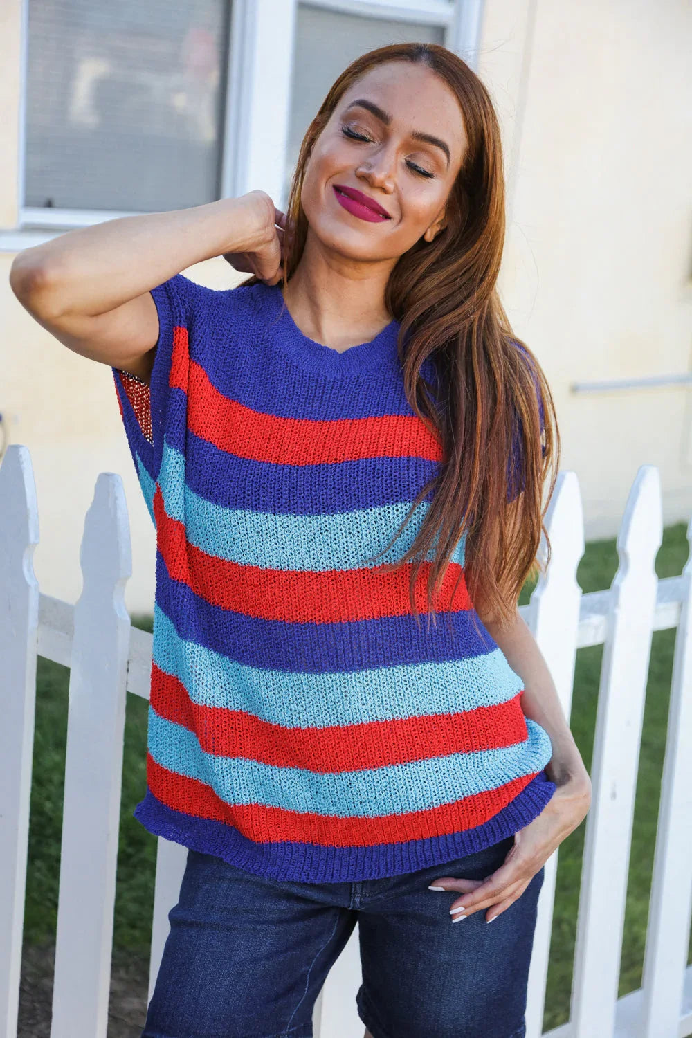 Forget Me Not Royal Blue Stripe Short Sleeve Dolman Sweater | Daverri Fashions