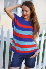 Forget Me Not Royal Blue Stripe Short Sleeve Dolman Sweater | Daverri Fashions