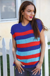 Forget Me Not Royal Blue Stripe Short Sleeve Dolman Sweater | Daverri Fashions