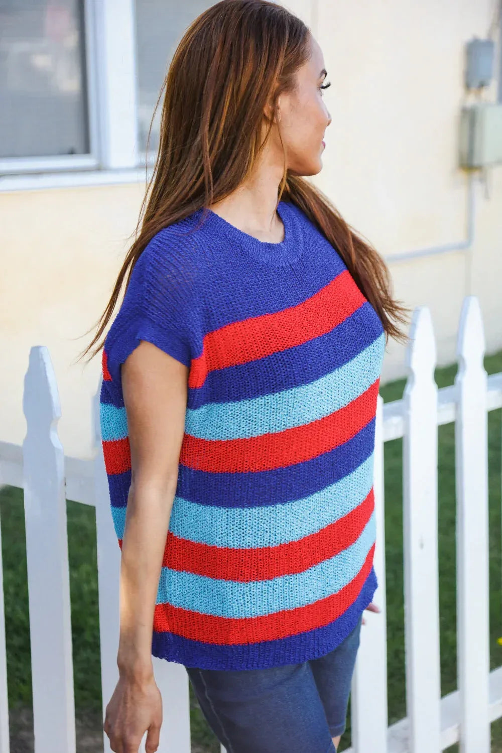 Forget Me Not Royal Blue Stripe Short Sleeve Dolman Sweater - DAVERRI FASHIONS
