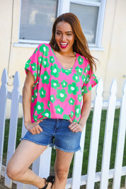 Spring Vibes Pink & Green Flower Print V Neck Short Sleeve Top | Daverri Fashions