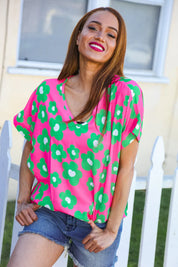 Spring Vibes Pink & Green Flower Print V Neck Short Sleeve Top | Daverri Fashions
