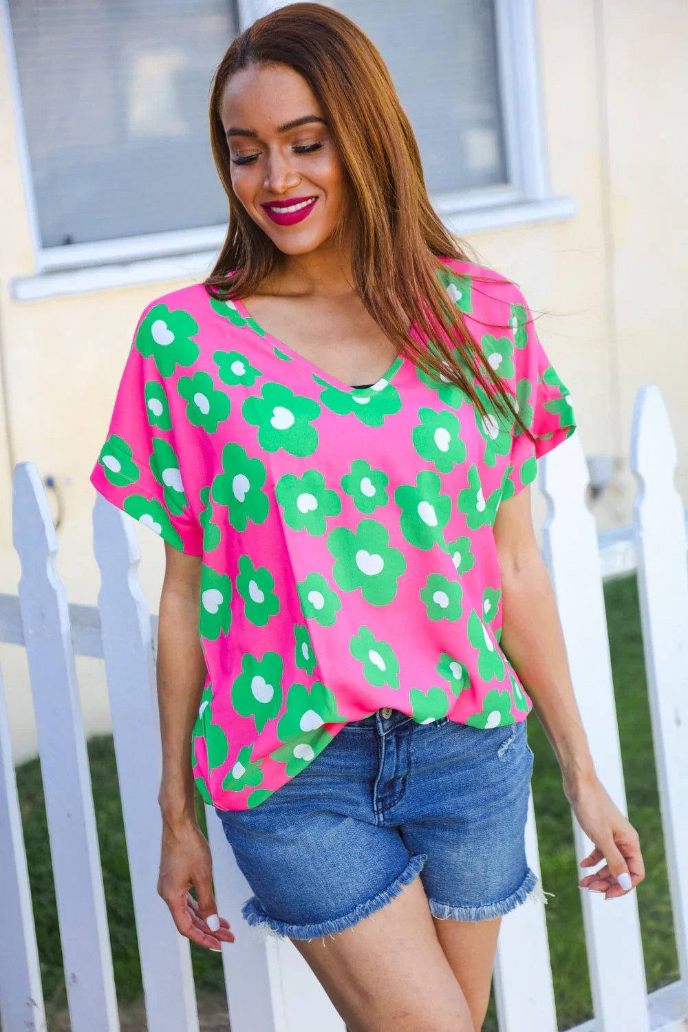 Spring Vibes Pink & Green Flower Print V Neck Short Sleeve Top | Daverri Fashions