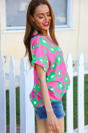 Spring Vibes Pink & Green Flower Print V Neck Short Sleeve Top | Daverri Fashions