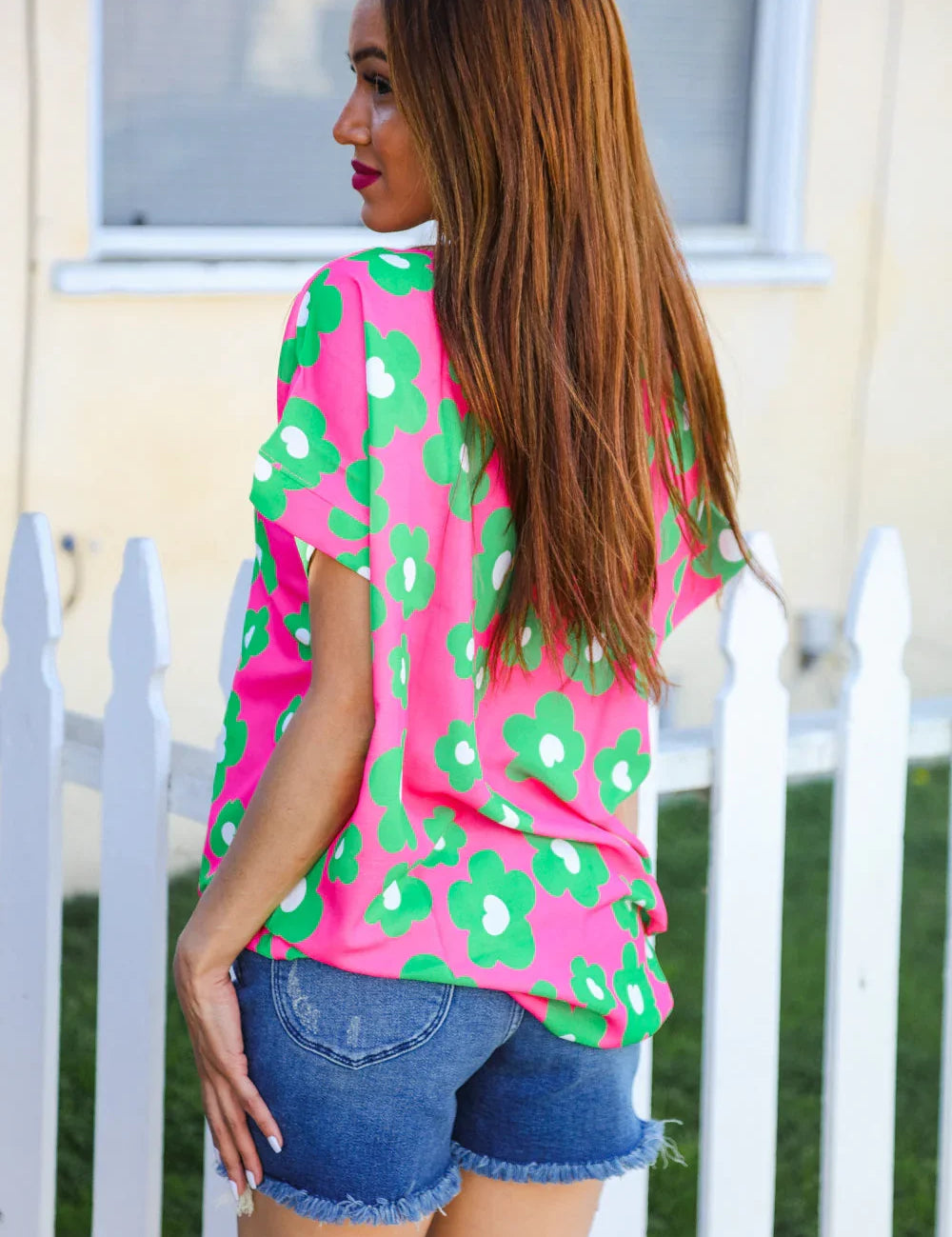 Spring Vibes Pink & Green Flower Print V Neck Short Sleeve Top | Daverri Fashions