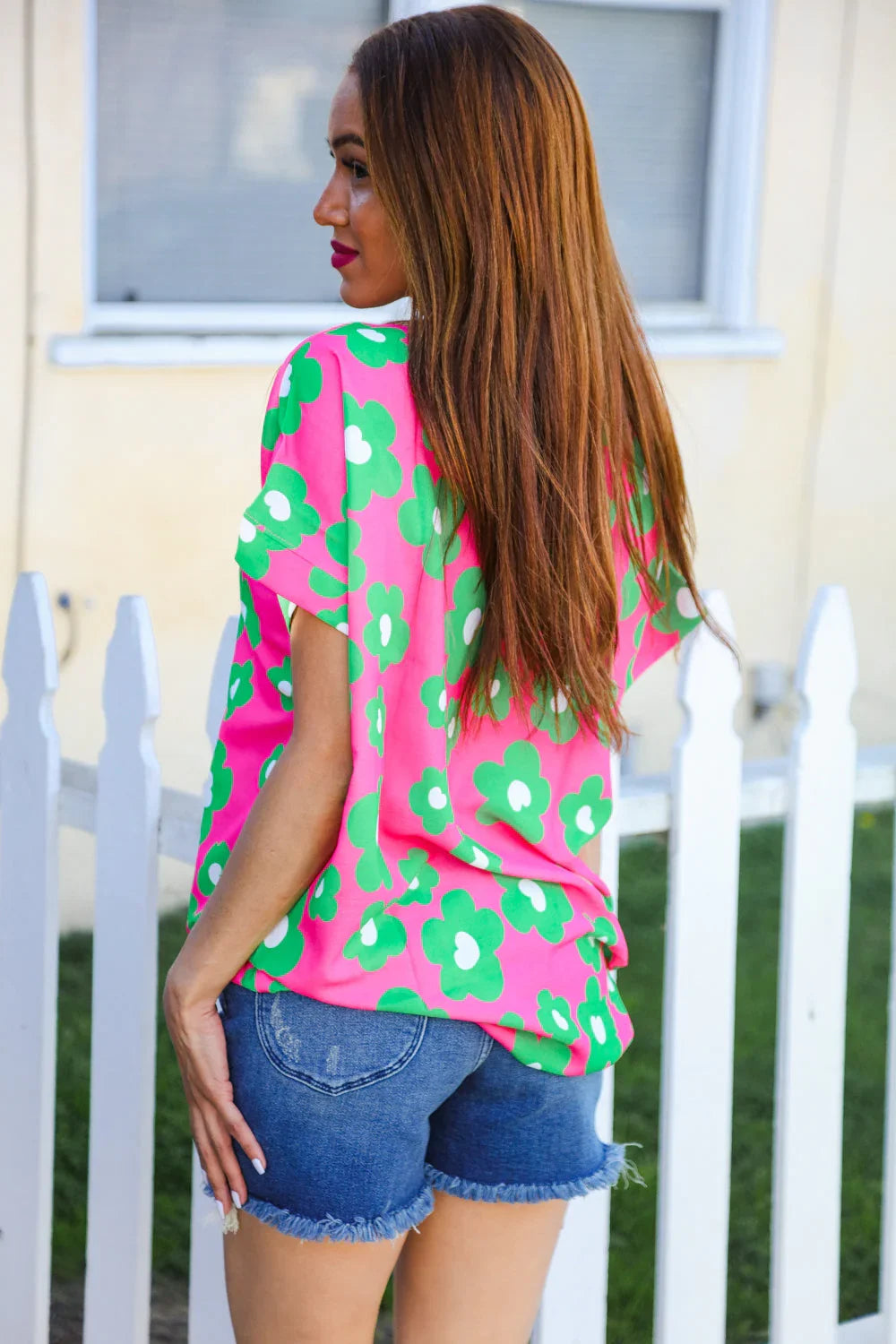 Spring Vibes Pink & Green Flower Print V Neck Short Sleeve Top | Daverri Fashions