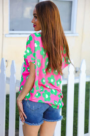 Spring Vibes Pink & Green Flower Print V Neck Short Sleeve Top | Daverri Fashions