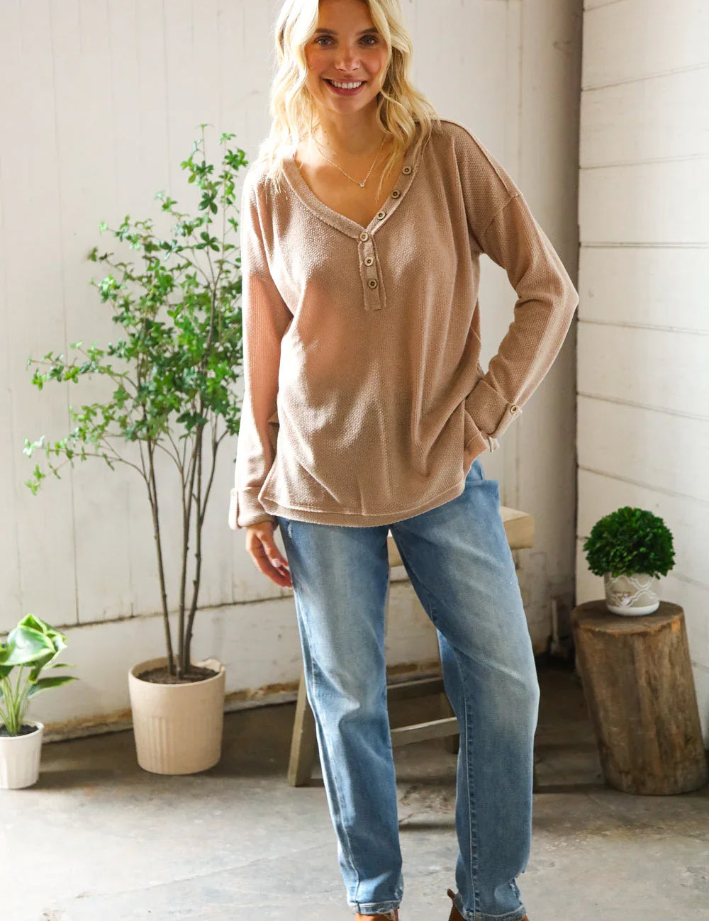 Casual Living Brown Henley Cuff Sleeve Side Slit Pullover | Daverri Fashions
