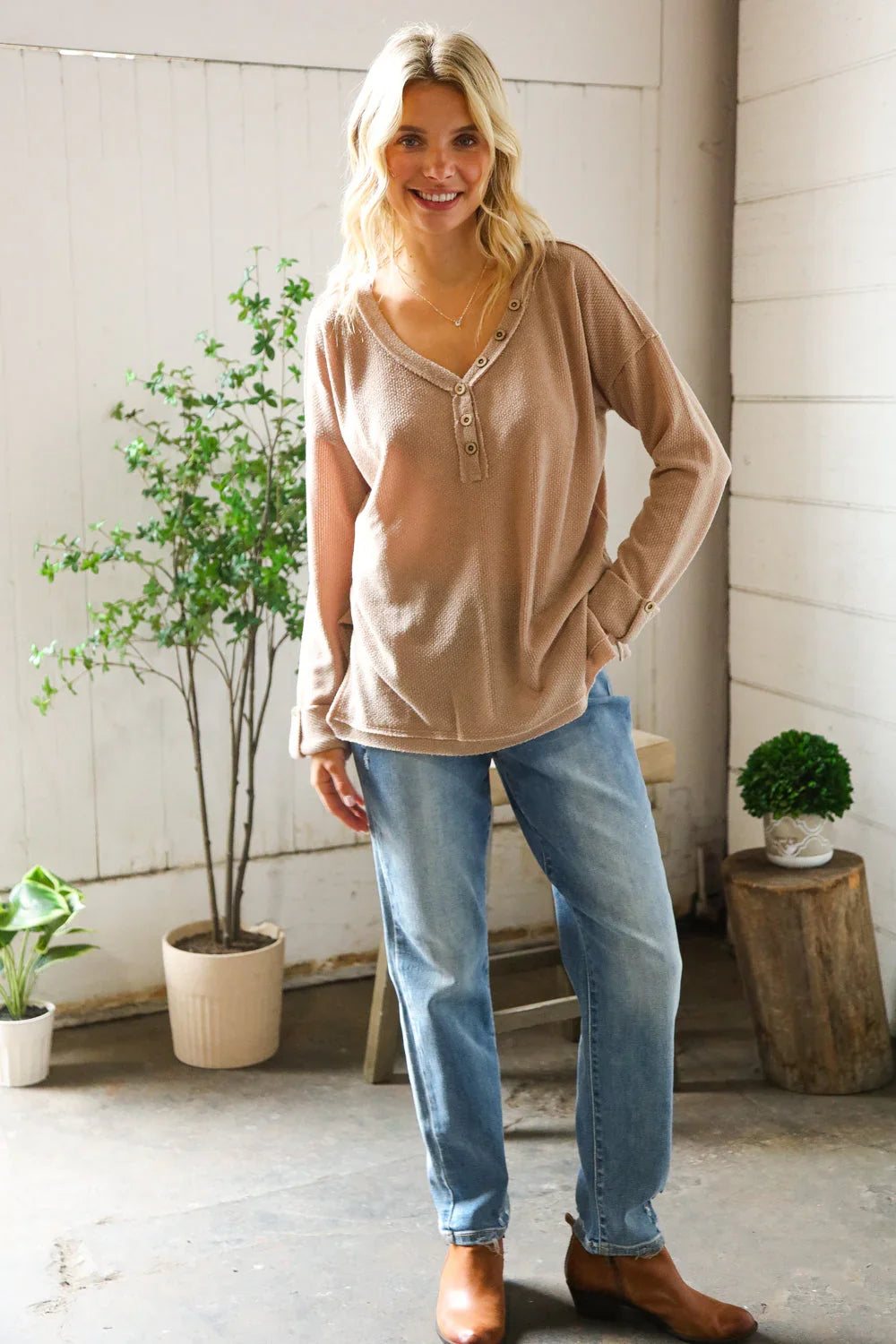 Casual Living Brown Henley Cuff Sleeve Side Slit Pullover | Daverri Fashions