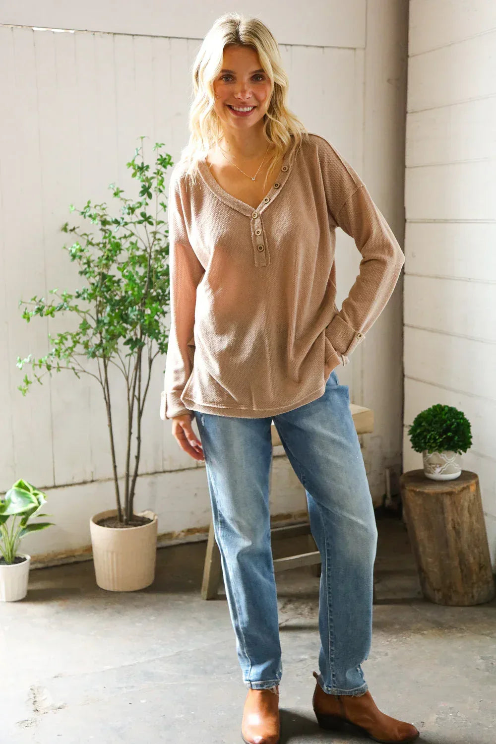 Casual Living Brown Henley Cuff Sleeve Side Slit Pullover - DAVERRI FASHIONS