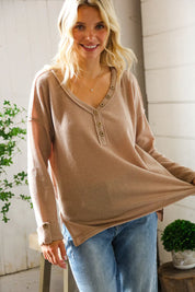 Casual Living Brown Henley Cuff Sleeve Side Slit Pullover | Daverri Fashions