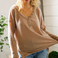 Casual Living Brown Henley Cuff Sleeve Side Slit Pullover - DAVERRI FASHIONS