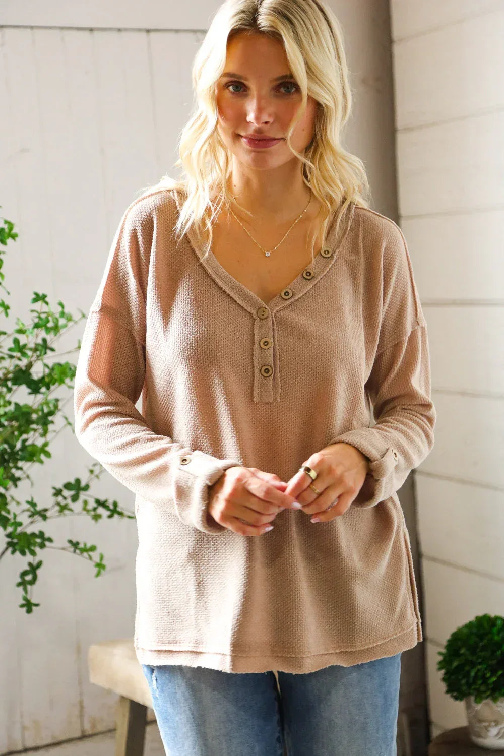 Casual Living Brown Henley Cuff Sleeve Side Slit Pullover - DAVERRI FASHIONS