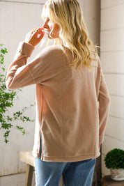 Casual Living Brown Henley Cuff Sleeve Side Slit Pullover | Daverri Fashions