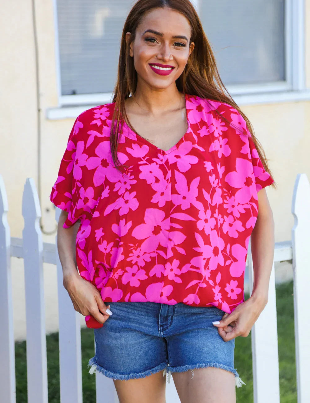 Tropical Trance Magenta Floral V Neck Woven Top | Daverri Fashions