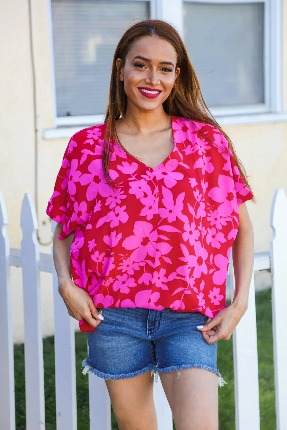 Tropical Trance Magenta Floral V Neck Woven Top | Daverri Fashions