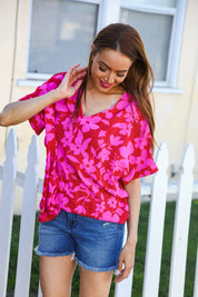 Tropical Trance Magenta Floral V Neck Woven Top | Daverri Fashions