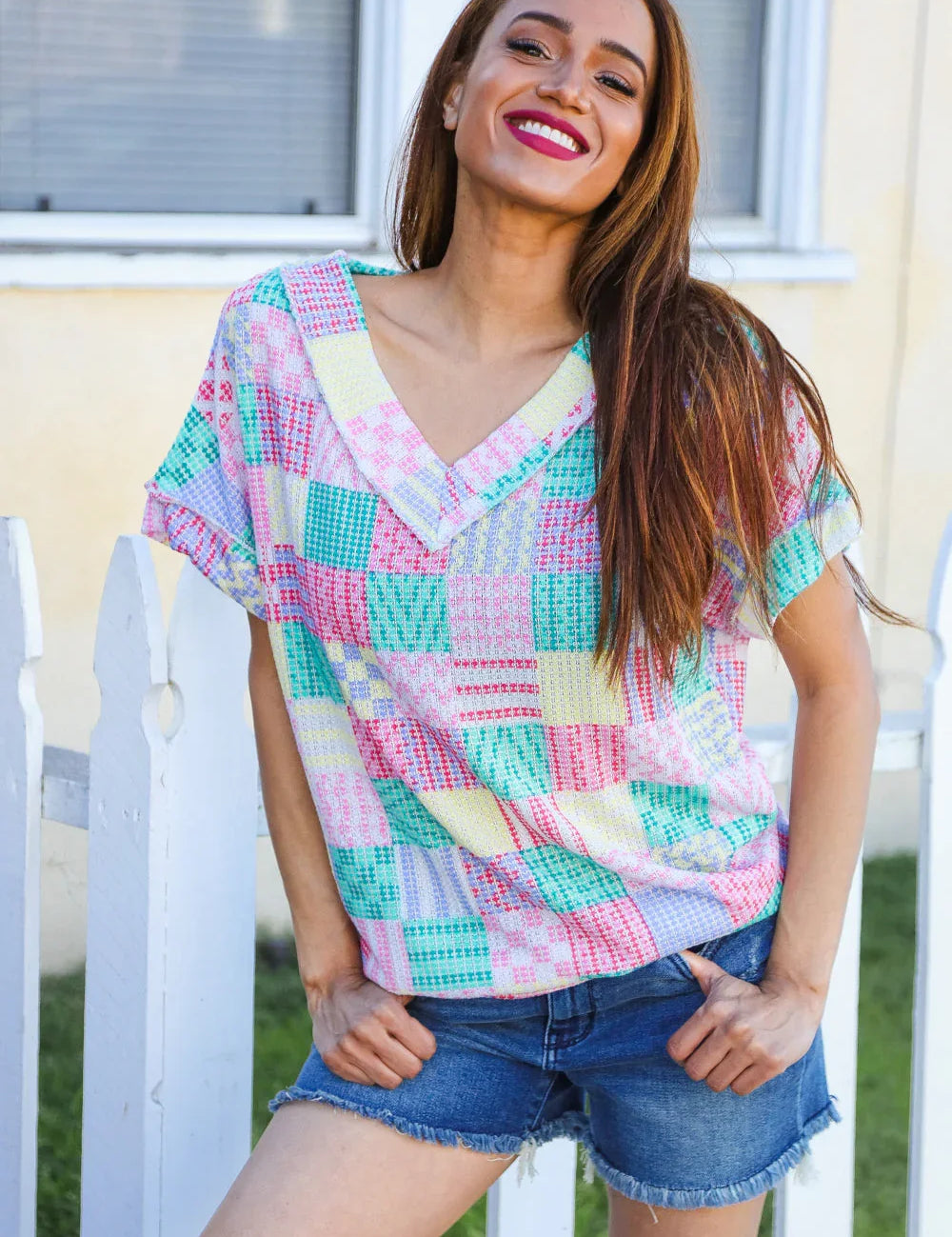 Easy Living Mint Patchwork Print Textured Knit V Neck Top | 2024 Blow-Out Sale Daverri Fashions