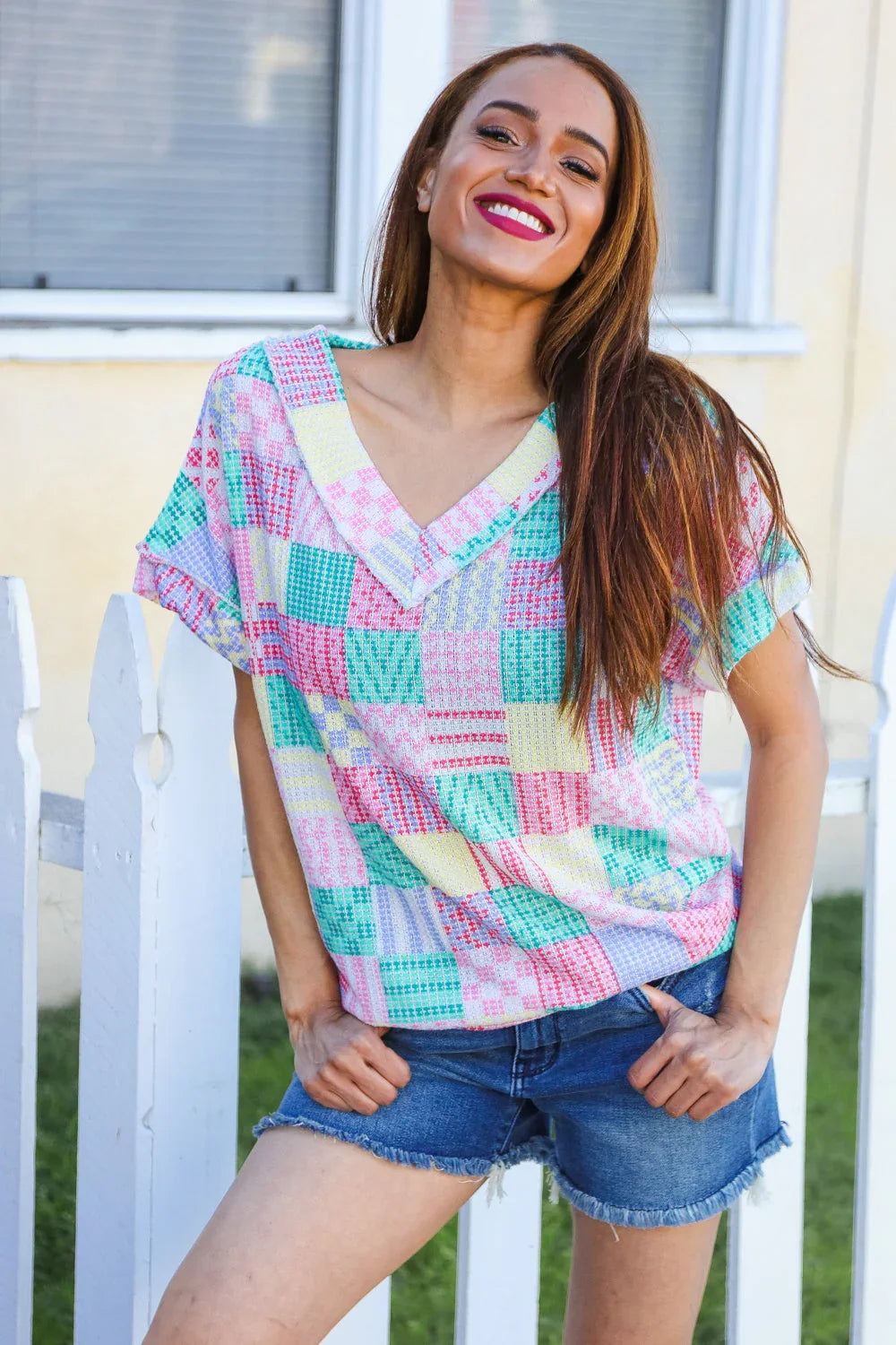 Easy Living Mint Patchwork Print Textured Knit V Neck Top | 2024 Blow-Out Sale Daverri Fashions