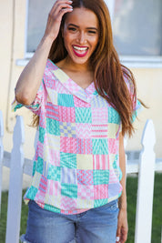 Easy Living Mint Patchwork Print Textured Knit V Neck Top | 2024 Blow-Out Sale Daverri Fashions