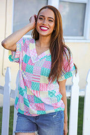 Easy Living Mint Patchwork Print Textured Knit V Neck Top | 2024 Blow-Out Sale Daverri Fashions