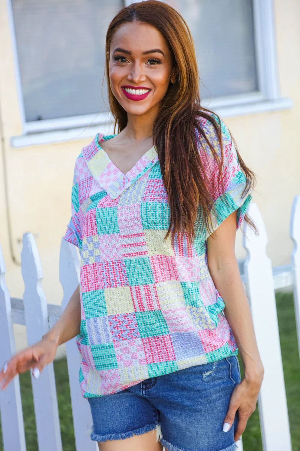 Easy Living Mint Patchwork Print Textured Knit V Neck Top | 2024 Blow-Out Sale Daverri Fashions