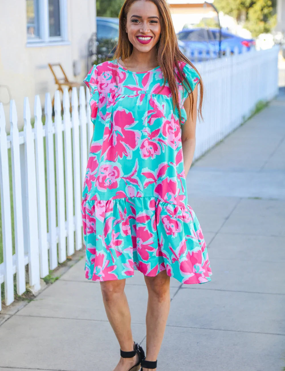 Diva Dreaming Aqua Floral Print Tiered Ruffle Sleeve Dress | 2024 Summer Blow Out Sale Daverri Fashions