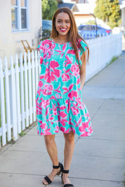 Diva Dreaming Aqua Floral Print Tiered Ruffle Sleeve Dress | 2024 Summer Blow Out Sale Daverri Fashions