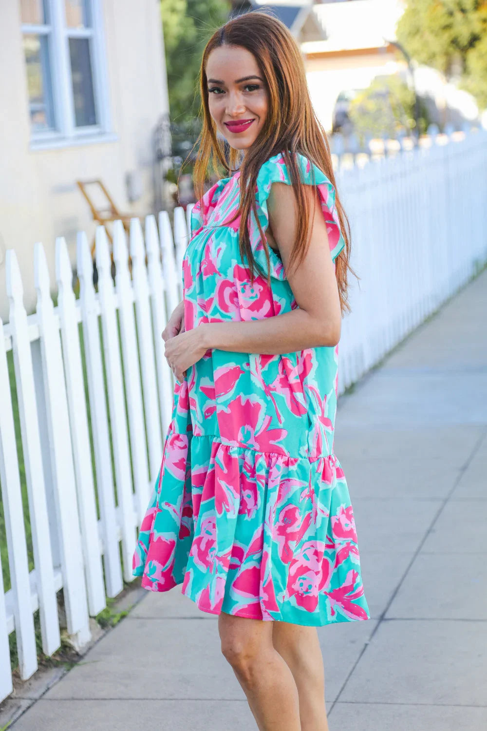 Diva Dreaming Aqua Floral Print Tiered Ruffle Sleeve Dress | 2024 Summer Blow Out Sale Daverri Fashions