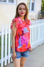 Look of Love Red & Fuchsia Floral Smocked Ruffle Frill Sleeve Top | Daverri Fashions