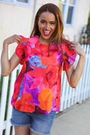 Look of Love Red & Fuchsia Floral Smocked Ruffle Frill Sleeve Top | Daverri Fashions