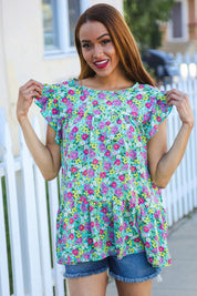 All For You Mint Floral Yoke Flutter Sleeve Keyhole Back Top | 2024 Blow-Out Sale Daverri Fashions