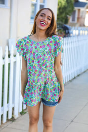 All For You Mint Floral Yoke Flutter Sleeve Keyhole Back Top | 2024 Blow-Out Sale Daverri Fashions