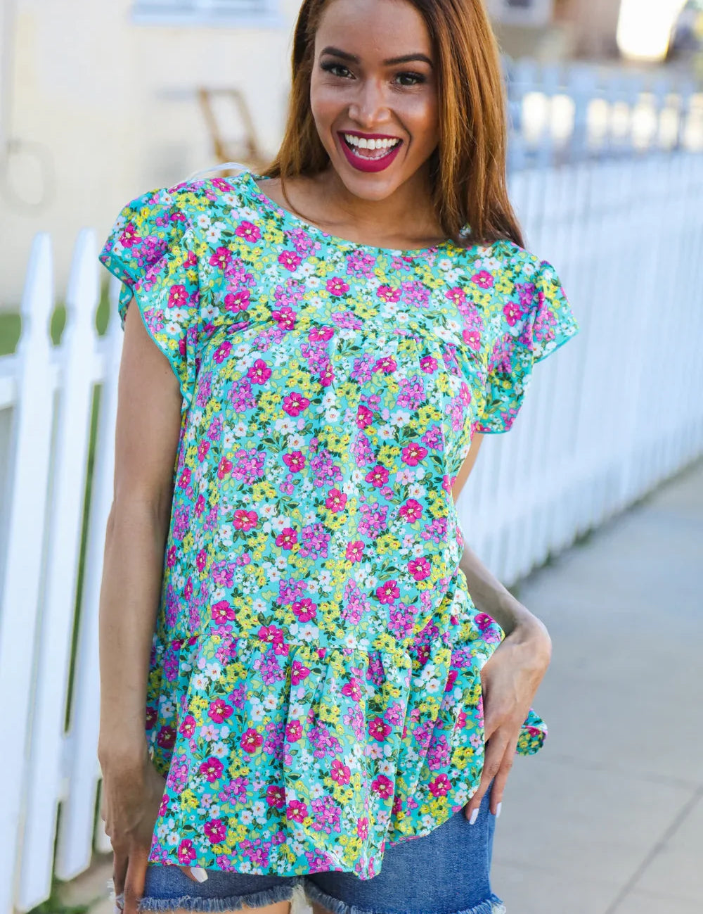 All For You Mint Floral Yoke Flutter Sleeve Keyhole Back Top | 2024 Blow-Out Sale Daverri Fashions
