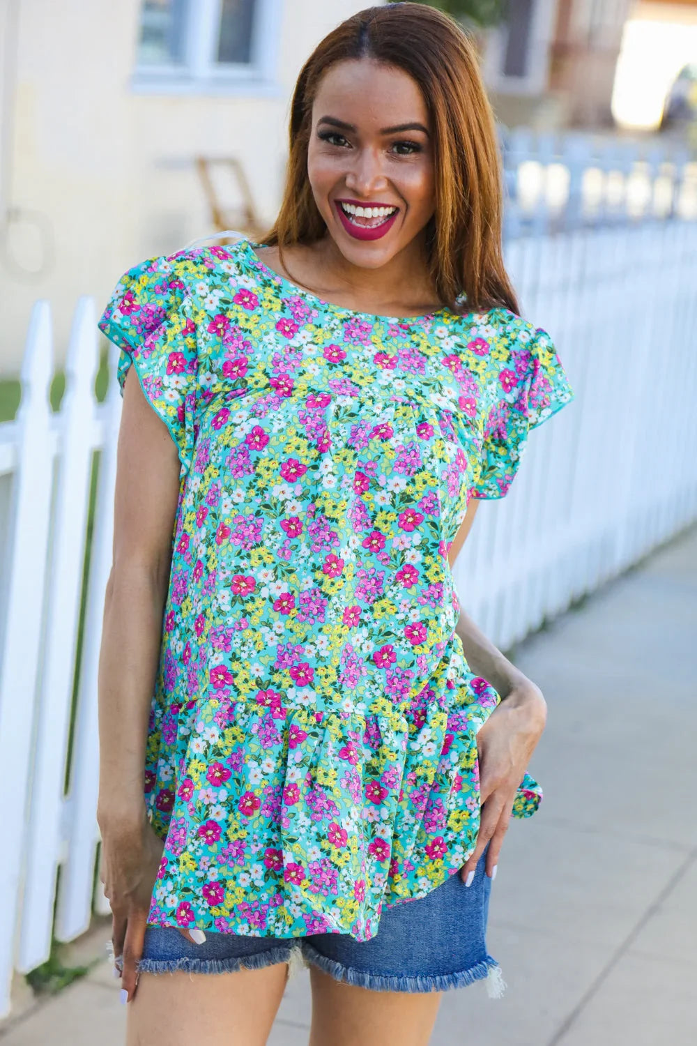 All For You Mint Floral Yoke Flutter Sleeve Keyhole Back Top | 2024 Blow-Out Sale Daverri Fashions