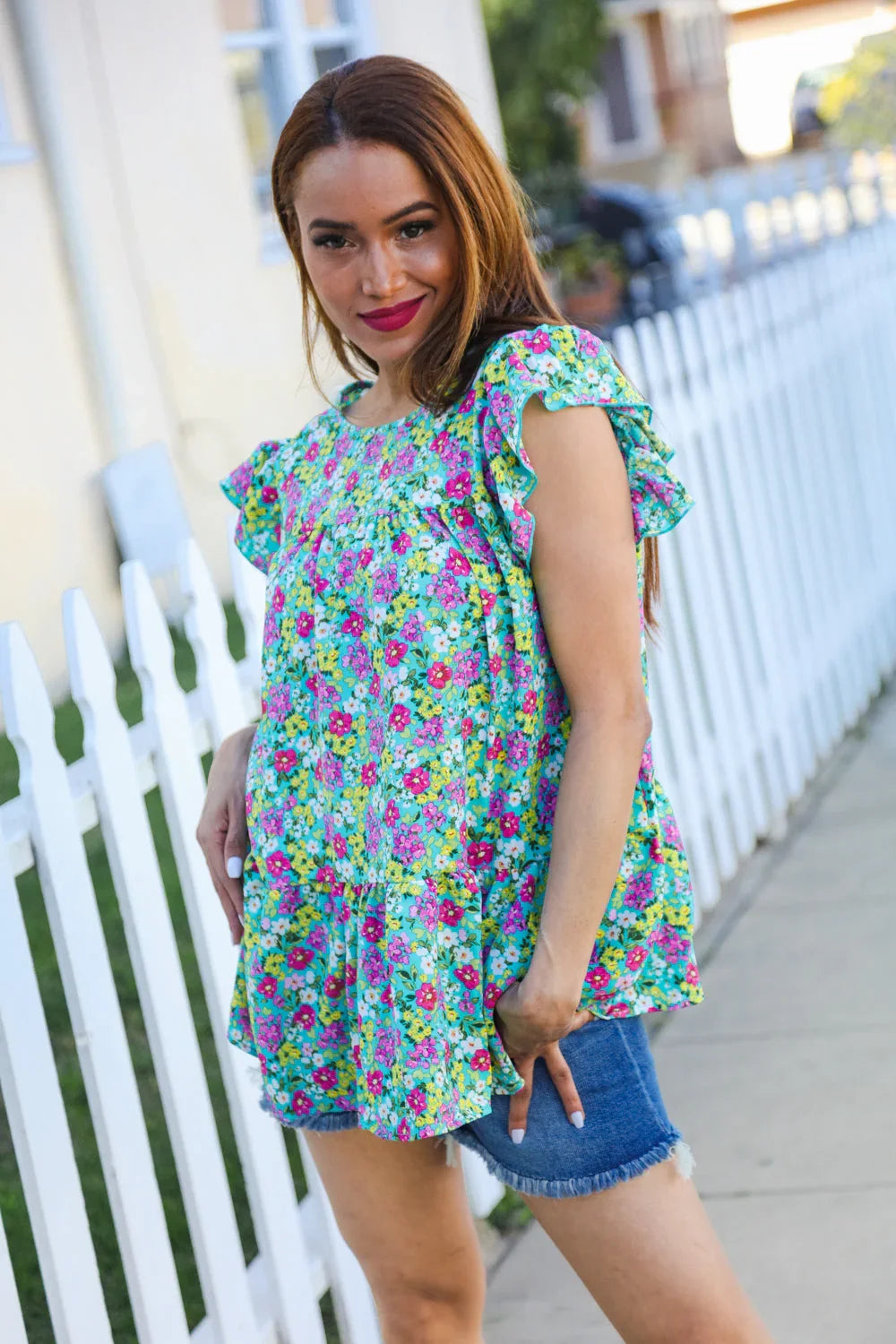 All For You Mint Floral Yoke Flutter Sleeve Keyhole Back Top | 2024 Blow-Out Sale Daverri Fashions